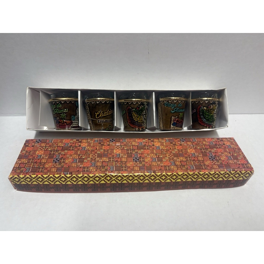 Peru Shot Glasses Painted Leather Sleeves Peruvian Set of 5 artisan folk art